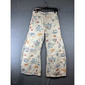 Free People Eden Printed High Slouchy Jeans Cream Combo Playful Brunch Size 27